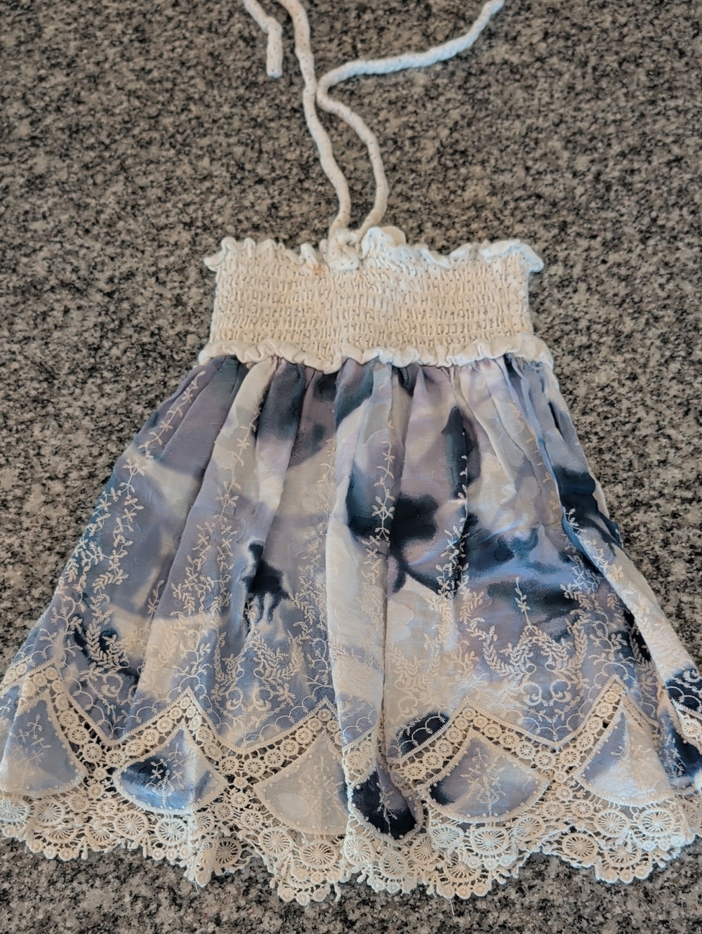 White Smocked Halter Dress with Blue Floral Lace Skirt for Kids